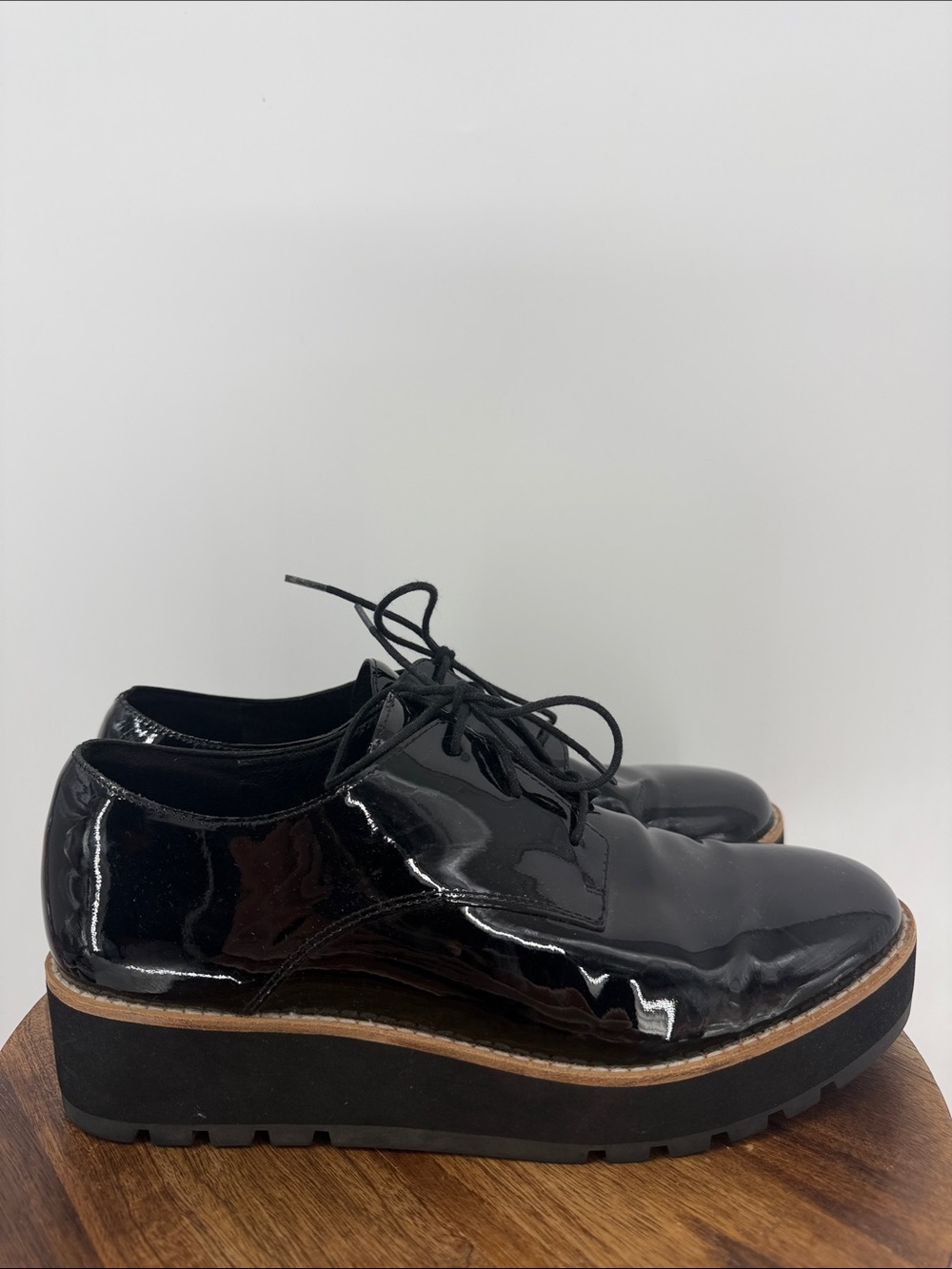 Eileen Fisher Eddy Patent Leather Platform Oxford Shoes Black Size 8